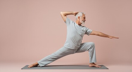 Senior man practicing yoga in a studio, performing warrior pose on a mat. Healthy lifestyle and mindfulness in older age.