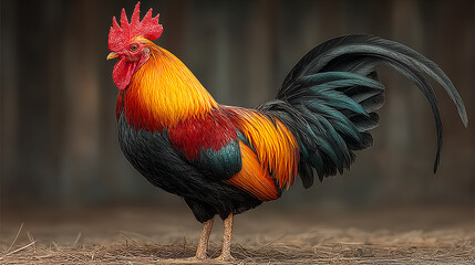 Fototapeta premium A colorful rooster stands proudly in a sun-drenched farmyard with straw and a wooden barn in the background. Capturing the essence of rural life and tradition.