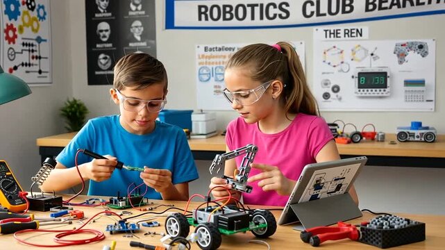 Kids building robots in a robotics club, learning about technology, science and robotics, teamwork