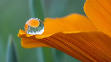 Macro Photography of a Dew Drop on a Vibrant Orange Flower Petal