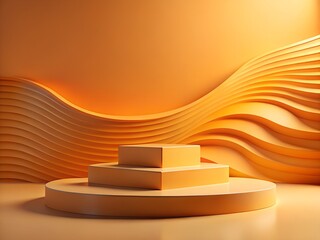 Tiered geometric pedestal on a stage with wavy background in warm orange tones