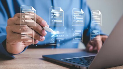 Business professional digitally managing tasks and documents, streamlining workflow with modern technology