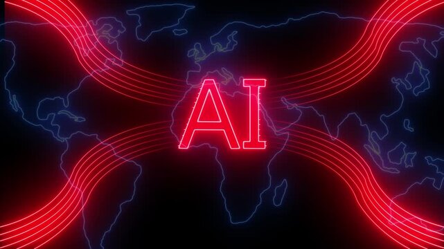 Neon AI Circuit Board map Background Animation. Artificial Intelligence Chip with Glowing Circuit Lines concept.
