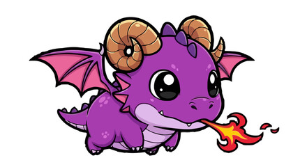 Obraz premium Cute purple baby dragon cartoon breathing fire with big horns. Adorable mythical fantasy creature illustration.