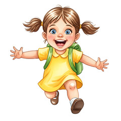 Happy young girl with pigtails wearing a yellow dress and green backpack, joyfully running, embodying excitement and anticipation for back to school season