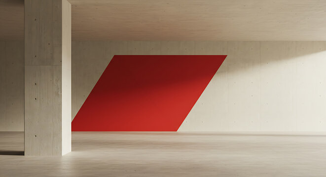 Minimalist Concrete Interior Space with Red Geometric Wall Art and Sunlight