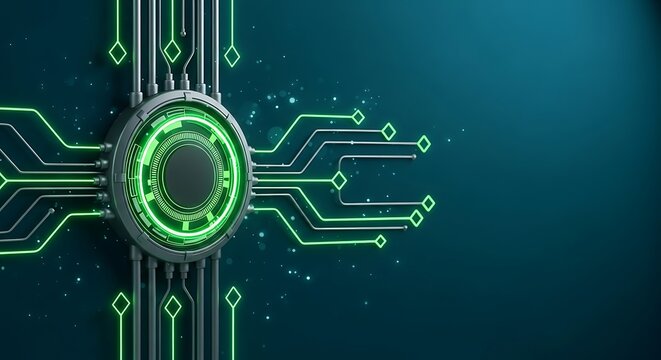 Abstract Futuristic Technology: Green Neon Circuit Board Interface on Dark Teal Background - Powered by Adobe
