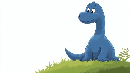 Obraz premium A friendly, cartoon dinosaur sits on a grassy hill.