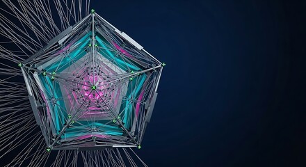 Abstract Futuristic Network:  Geometric Pentagon Structure with Neon Accents,  Dark Background,  Technological Theme.