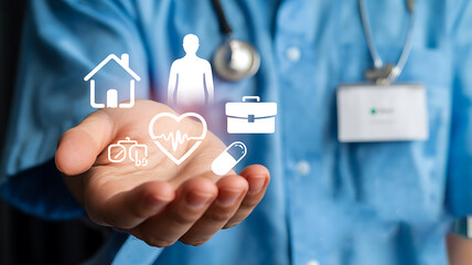Doctor s hand holding healthcare and life icons