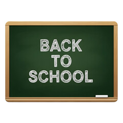 Back to school message written in white chalk on a green chalkboard with a wooden frame, symbolizing the start of a new academic year and educational journey