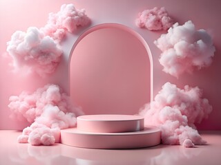 Pastel pink podium surrounded by fluffy clouds in a dreamy studio setting