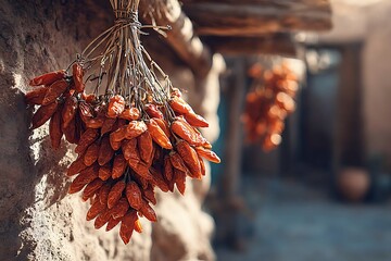 Dried chili peppers hanging, symbolizing local harvest and rustic culinary traditions