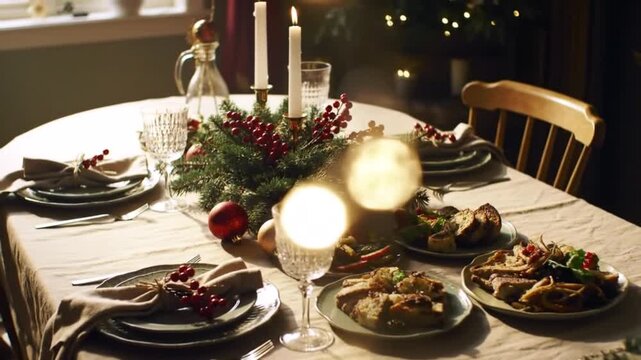 Festive Christmas table setting with food, candles, and decorations