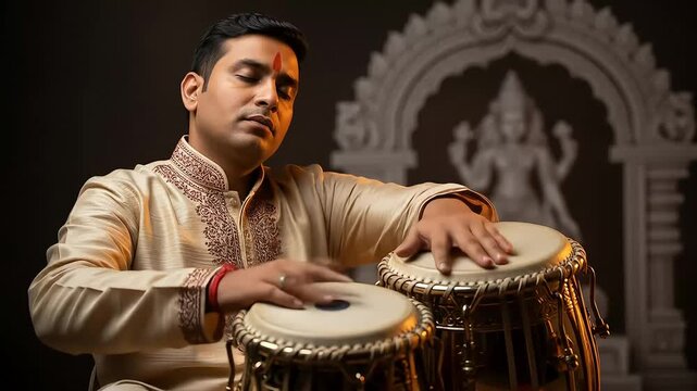 Indian Musician Playing Tabla Drum Wearing Traditional Attire in Studio Lighting