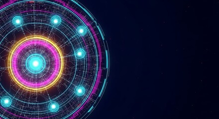 Abstract Neon Circular Technology Interface: Futuristic, Vibrant, and Energetic Digital Design.