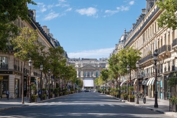 Naklejka premium Paris Champs avenue billboard mockup, white advertising display above boutiques, classic buildings in historic city center