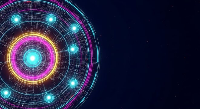 Abstract Neon Circular Technology Interface: Futuristic, Vibrant, and Energetic Digital Design.