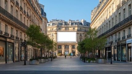Fototapeta premium White blank billboard over luxury fashion stores, Paris Champs avenue, surrounded by European-style architecture, ad mockup