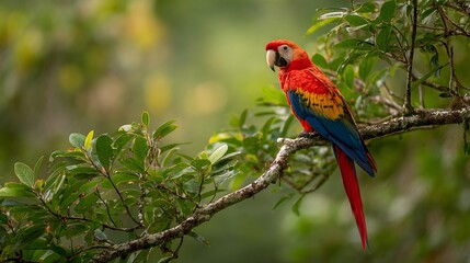 A scarlet macaw perched on a branch surrounded by green leaves in a natural setting outdoors