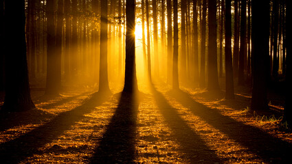 Golden Sunrise Piercing Through Straight Pine Trees in Forest