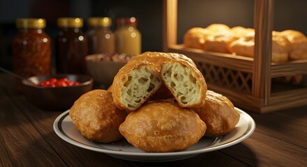 Macro detail of combro’s crispy outer layer with a peek of savory filling, realistic oil sheen, appetizing lighting.