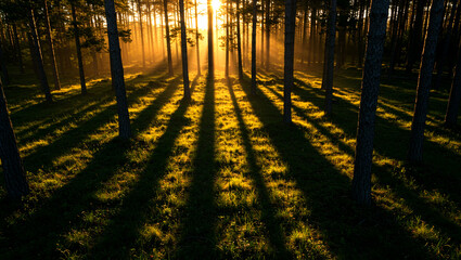 Morning Sunlight Casting Long Tree Shadows in Pine Forest