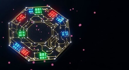 Neon Octagonal Circuit Board: Futuristic Technology, Abstract Design, Glowing RGB LEDs, Dark Background, Sci-Fi Mood.