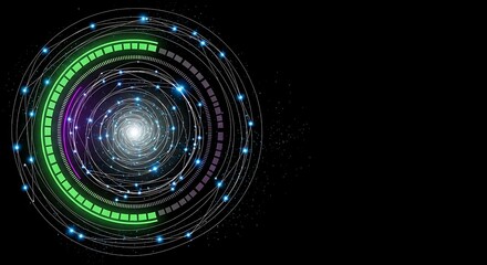 Abstract Futuristic Technology Interface: Neon Green, Purple, and Blue Circular HUD Design with Glowing Network Connections on Black Background.