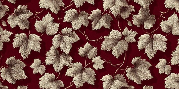 Intricate vine branches with detailed leaves form a repeating pattern on a deep red background