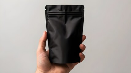 A person holding a sealed black package against a plain white background in studio shot