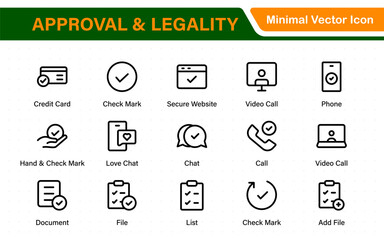 Approval and legality icons in outline style. Includes thin line vector icons for legal documents, verification, certification, signatures, consent, and compliance.