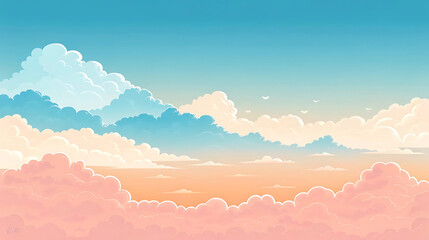 Fototapeta premium Cartoon illustration of a blue and pink sky with fluffy clouds background