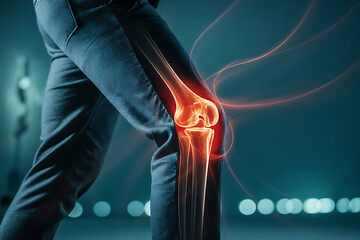 Human knee joint with glowing inflammation and pain