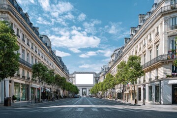 Paris Champs avenue outdoor advertising concept, white blank billboard above fashion shops, surrounded by beautiful historic architecture