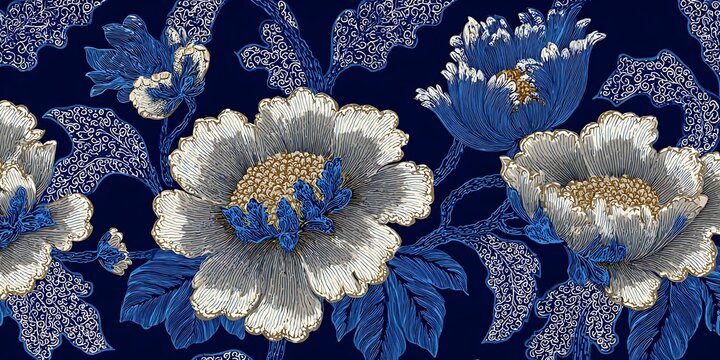 Intricate blue and white floral pattern with gold accents