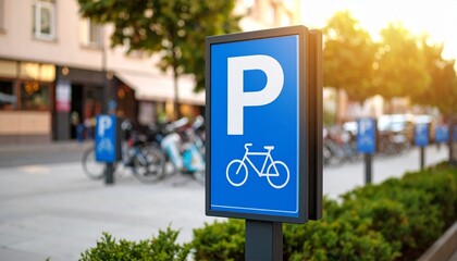 A blue bicycle parking sign with a white "P" indicates designated bicycle parking area.