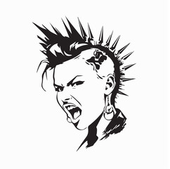 Angry punk rock woman face vector illustration with fierce rebellious attitude expression