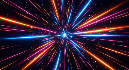 Abstract light speed tunnel with neon lines and stars, motion blur effect