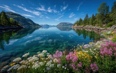 Obraz premium Serene fjord landscape with wildflowers