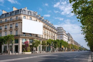 Fototapeta premium Paris Champs avenue street scene with classic architecture and white billboard over fashion stores, ideal outdoor advertising mockup in urban area