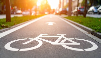 A sunlit bike path with a painted bicycle symbol and an upward arrow, leading the way.