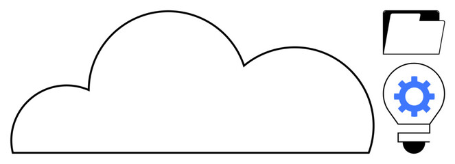 Cloud outline, lightbulb with gear, and folder. Ideal for innovation, data storage, technology, cloud computing, creativity data sharing productivity. Clean and simple flat metaphor