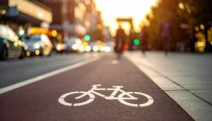 A bicycle lane marked on an urban road, with cars and blurred figures in the background, during sunset.
