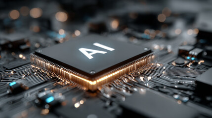 Sleek AI chip glowing with digital circuits symbolizes advanced technology and innovation in computing, showcasing futuristic design