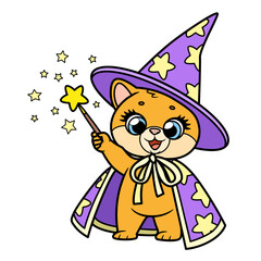 Cute cartoon kitten wizard in hat and cloak with a magic wand on white background