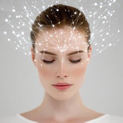 personalized AI self care A close-up portrait of a woman with facial lines Contemplative woman with neural connections visual. showcasing beauty and skincare concepts