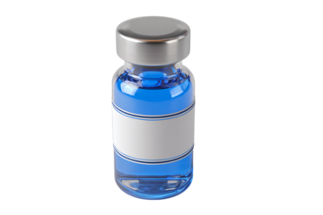 Medical vial with blue liquid, blank label for pharmaceutical product or vaccine concept