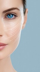 personalized AI self care A close-up portrait of a woman with facial lines Close-up of a woman's face with glowing lines. showcasing beauty and skincare concepts