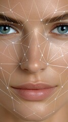personalized AI self care A close-up portrait of a woman with facial lines Digital face mapping with geometric patterns. showcasing beauty and skincare concepts